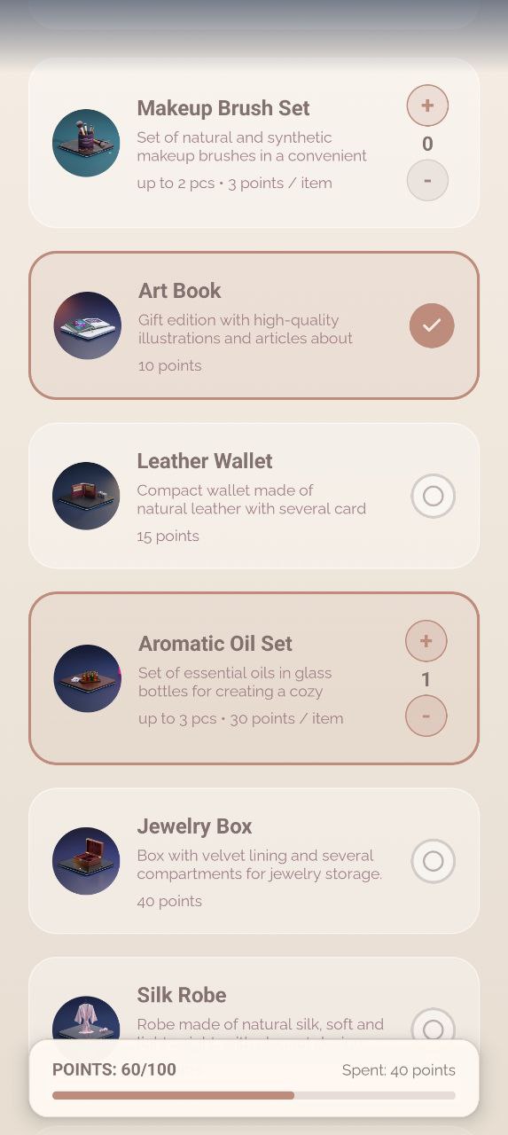 Chosen gift bundle screen in Giftopus