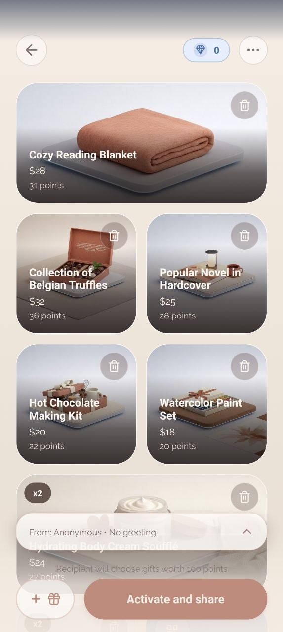 Gifts screen in Giftopus